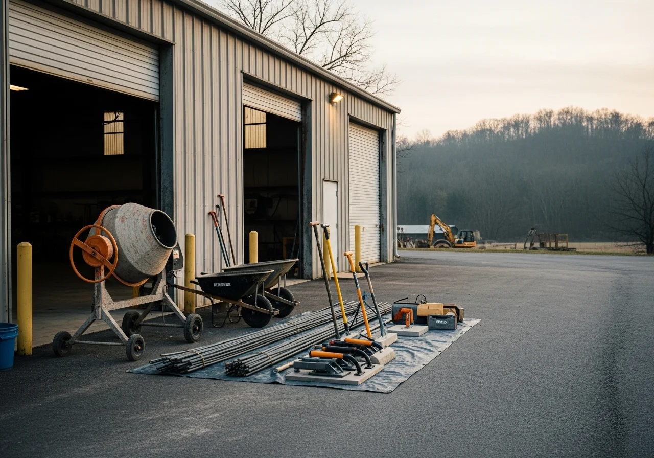 Concrete contractor crew with equipment and tools ready for job site work. Professional team preparing for residential and commercial concrete projects.