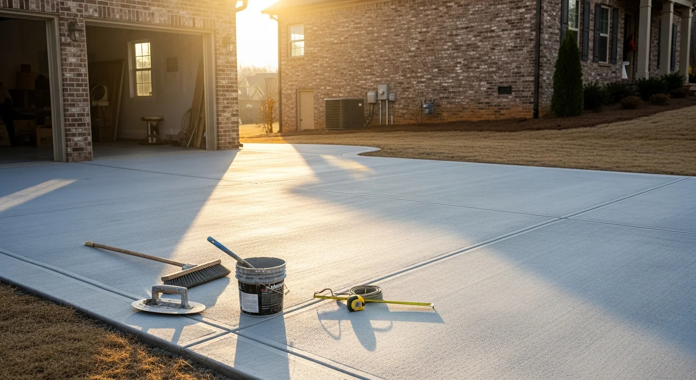 Concrete contractor pouring and finishing a residential driveway in East Tennessee