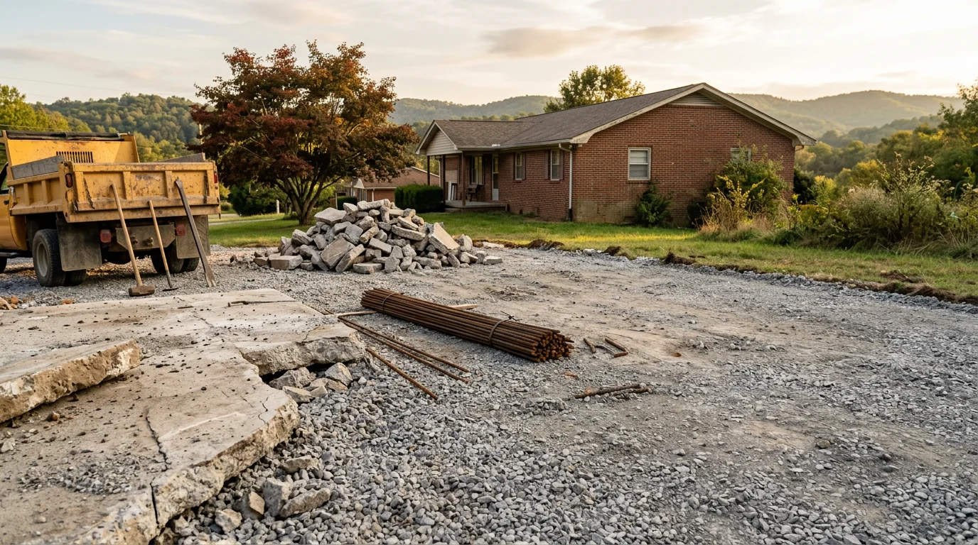 Crew breaking up and removing old concrete slab during a demolition project in Clinton, TN