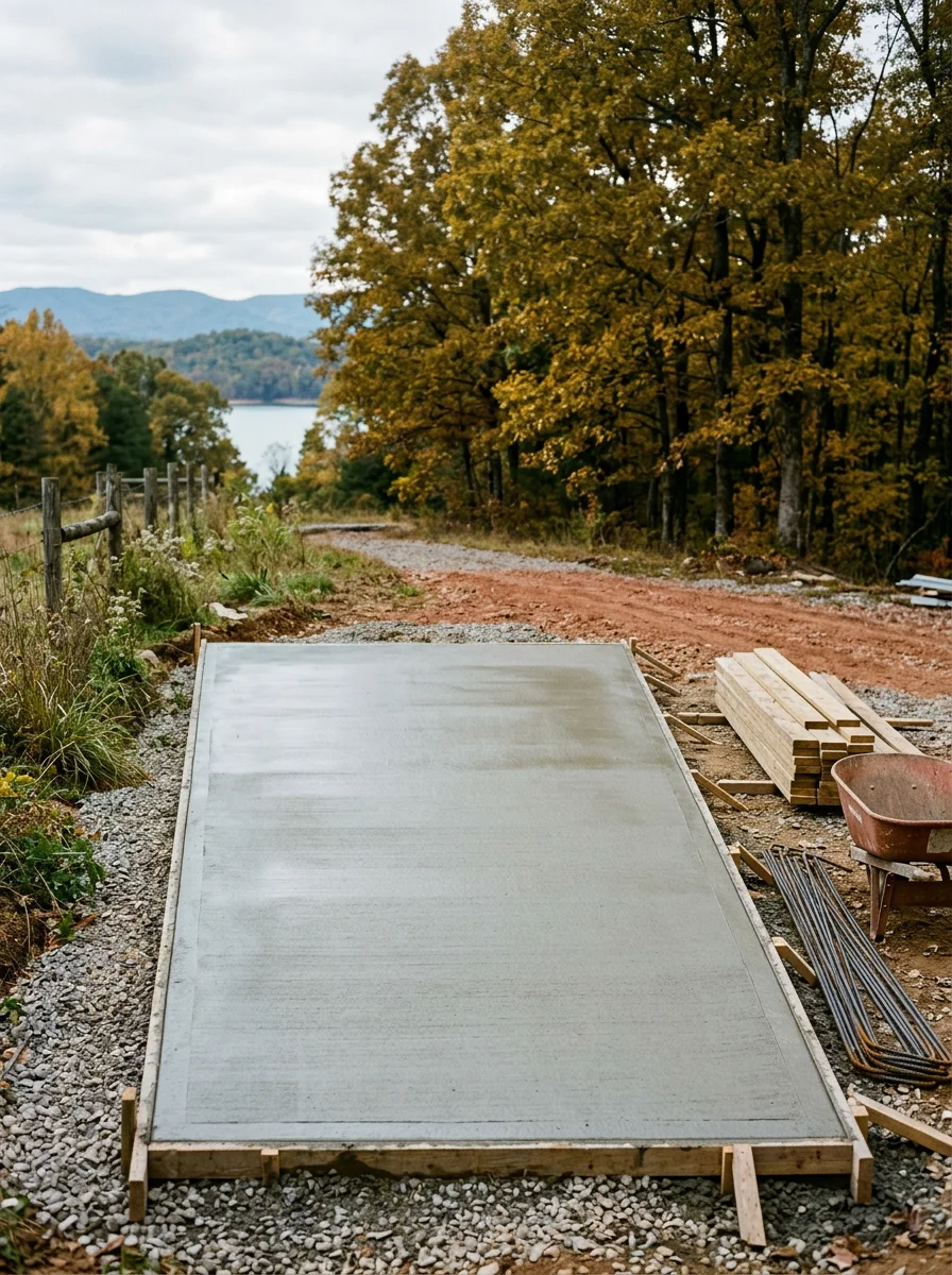 Newly poured concrete barn slab on a rural property near Norris Lake in East Tennessee