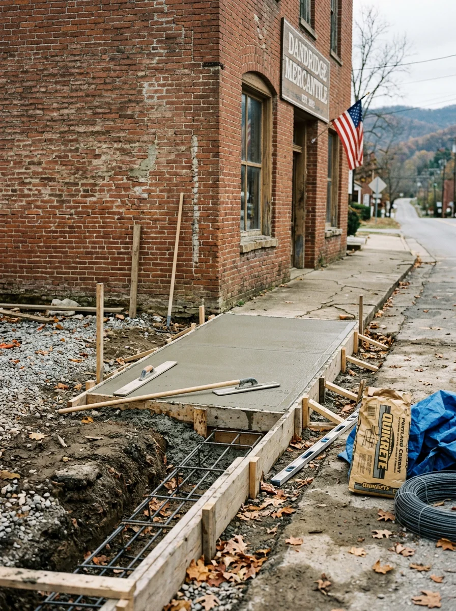 Concrete sidewalk and footers being formed near a historic building in Dandridge, Tennessee