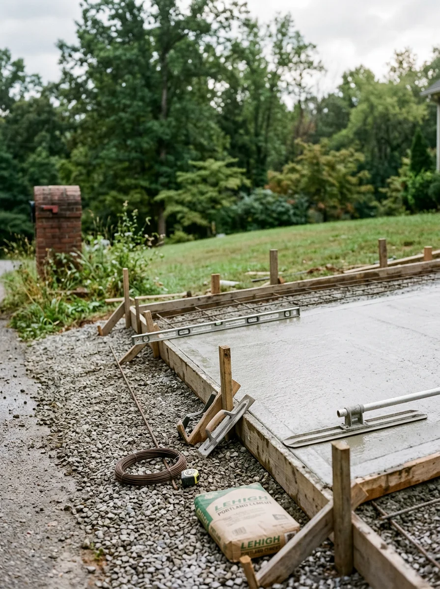 Concrete driveway being formed and leveled on a residential lot in East Tennessee