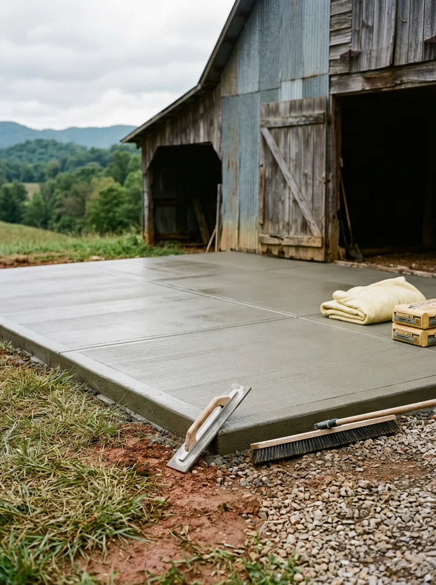 Concrete barn slab being finished on a rural Campbell County property