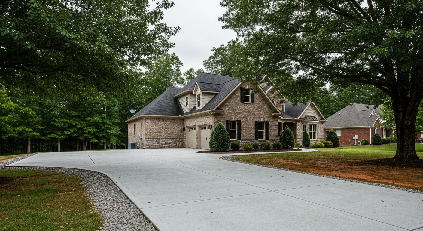 Wide view of a well-maintained residential property in Loudon with mature trees and a clear driveway, showing typical East Tennessee home architecture.