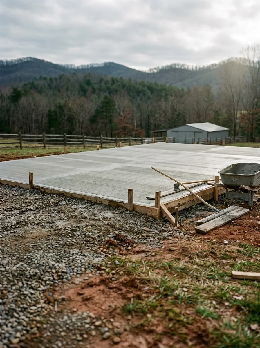 Freshly poured concrete garage slab on a Monroe County rural property near Madisonville, TN