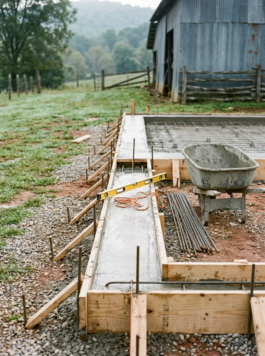 Concrete footer and barn slab forms on rural Morgan County property near Wartburg, TN