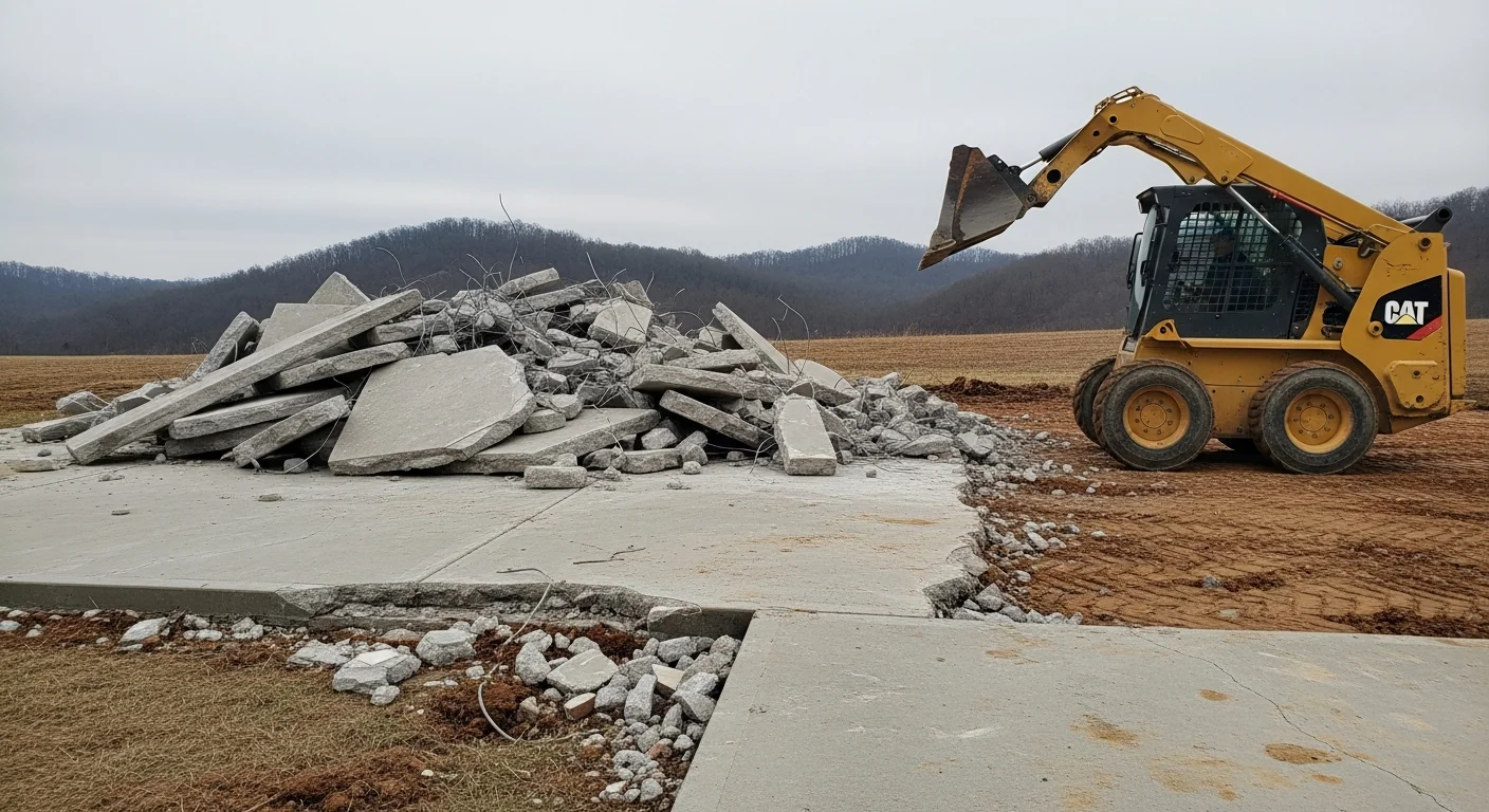 A concrete contractor operating a jackhammer to break apart a cracked residential driveway slab in Loudon, TN. Broken concrete pieces are staged nearby for loading and disposal.
