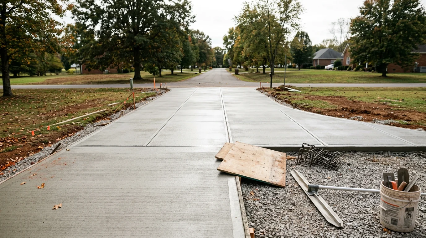 A freshly poured concrete driveway in front of a residential home in Loudon, TN, with clean edges, a broom finish, and properly cut control joints visible across the slab surface.