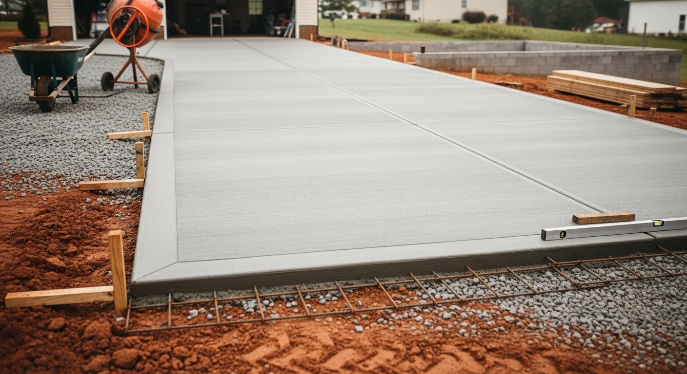 A freshly poured and finished concrete driveway leading to a single-family home in Loudon, TN. The slab shows clean broom-finish texture with formed expansion joints and a sloped edge for drainage.