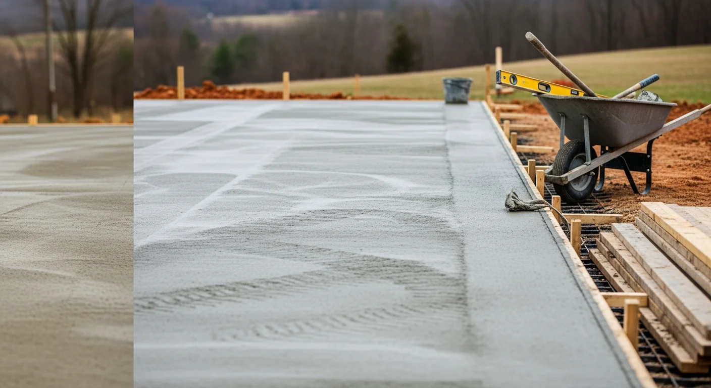 A freshly poured and finished concrete slab for a large barn structure on a rural Loudon County, Tennessee property. The flat, smooth surface is surrounded by graded soil and open farmland typical of the Loudon, TN area.