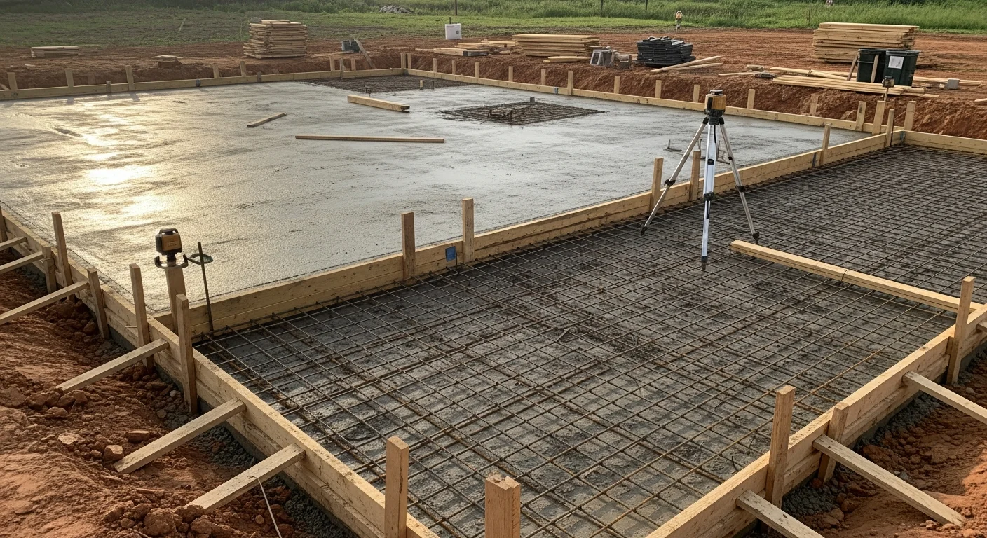 A freshly poured and finished concrete house slab on a residential lot in Loudon, TN, with forming boards still in place along the perimeter. The surrounding ground shows graded soil prepared ahead of a new home construction project in Loudon County.