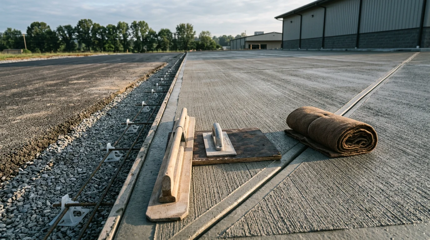 Freshly poured and finished concrete parking lot at a commercial property in Loudon, TN, showing clean surface texture, defined stalls, and proper drainage slope. Tri-Star Contracting of East Tennessee concrete parking lot construction project.