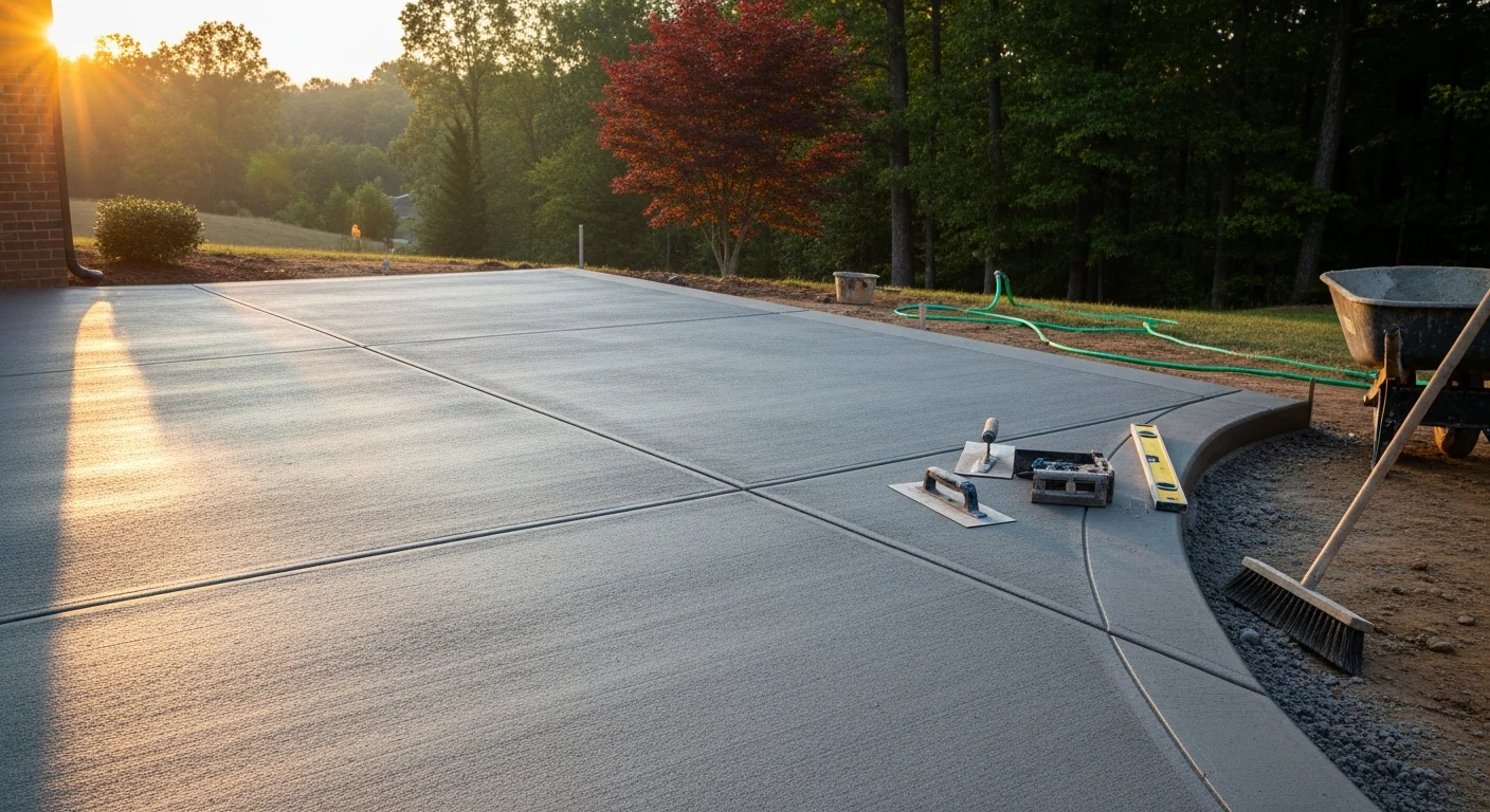 A freshly poured broom-finish concrete patio behind a residential home in Loudon, TN, with clean edges, visible control joints, and a slight drainage slope away from the foundation. The slab extends across a level backyard with mature East Tennessee tree coverage in the background.