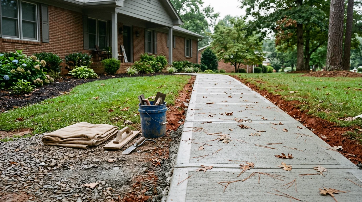 A freshly poured concrete sidewalk with a broom finish leading from the front door of a residential home in Loudon, Tennessee. The path runs alongside a green lawn with clay-soil landscaping visible along the edges.