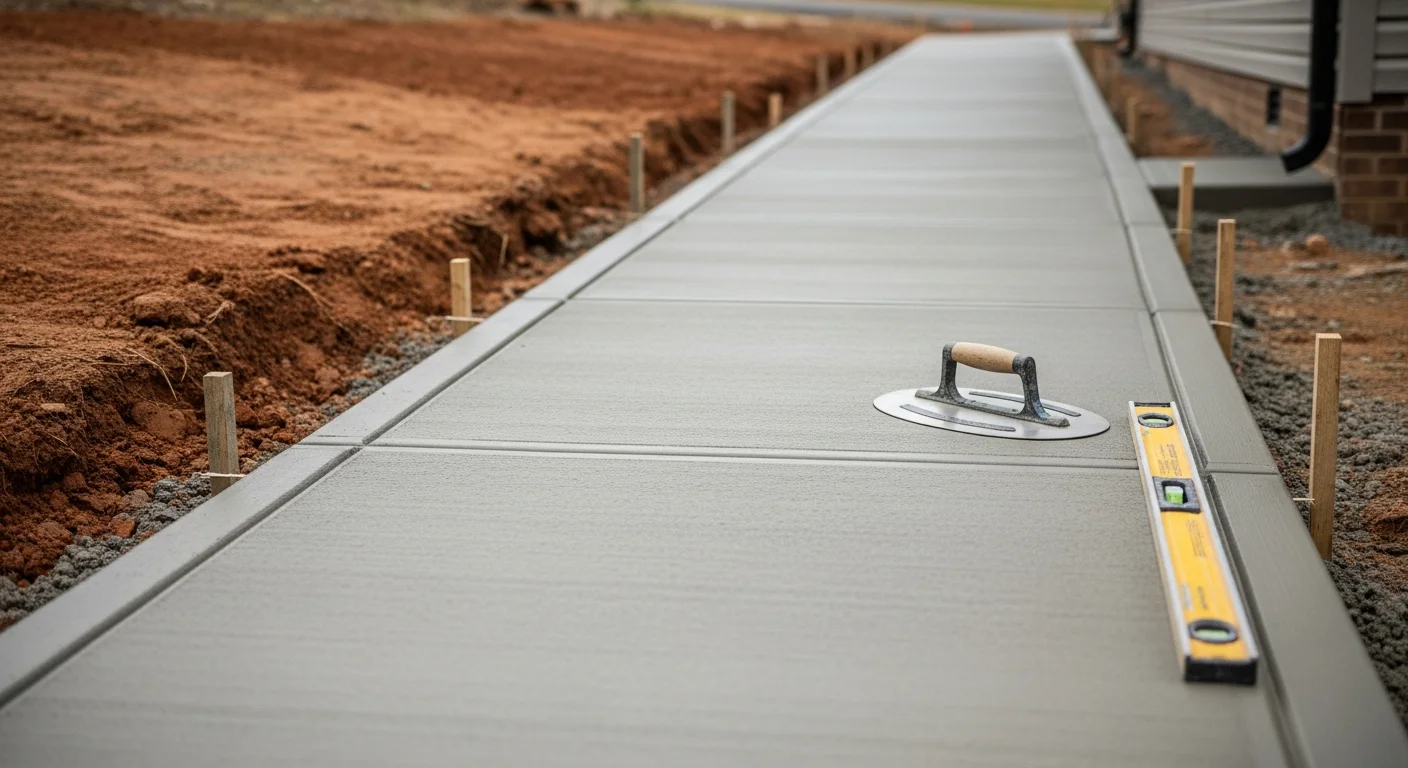 Freshly poured and broom-finished concrete sidewalk running along the front of a single-family home in Loudon, TN. The slab shows clean formed edges, evenly spaced control joints, and a smooth transition to the existing driveway apron.