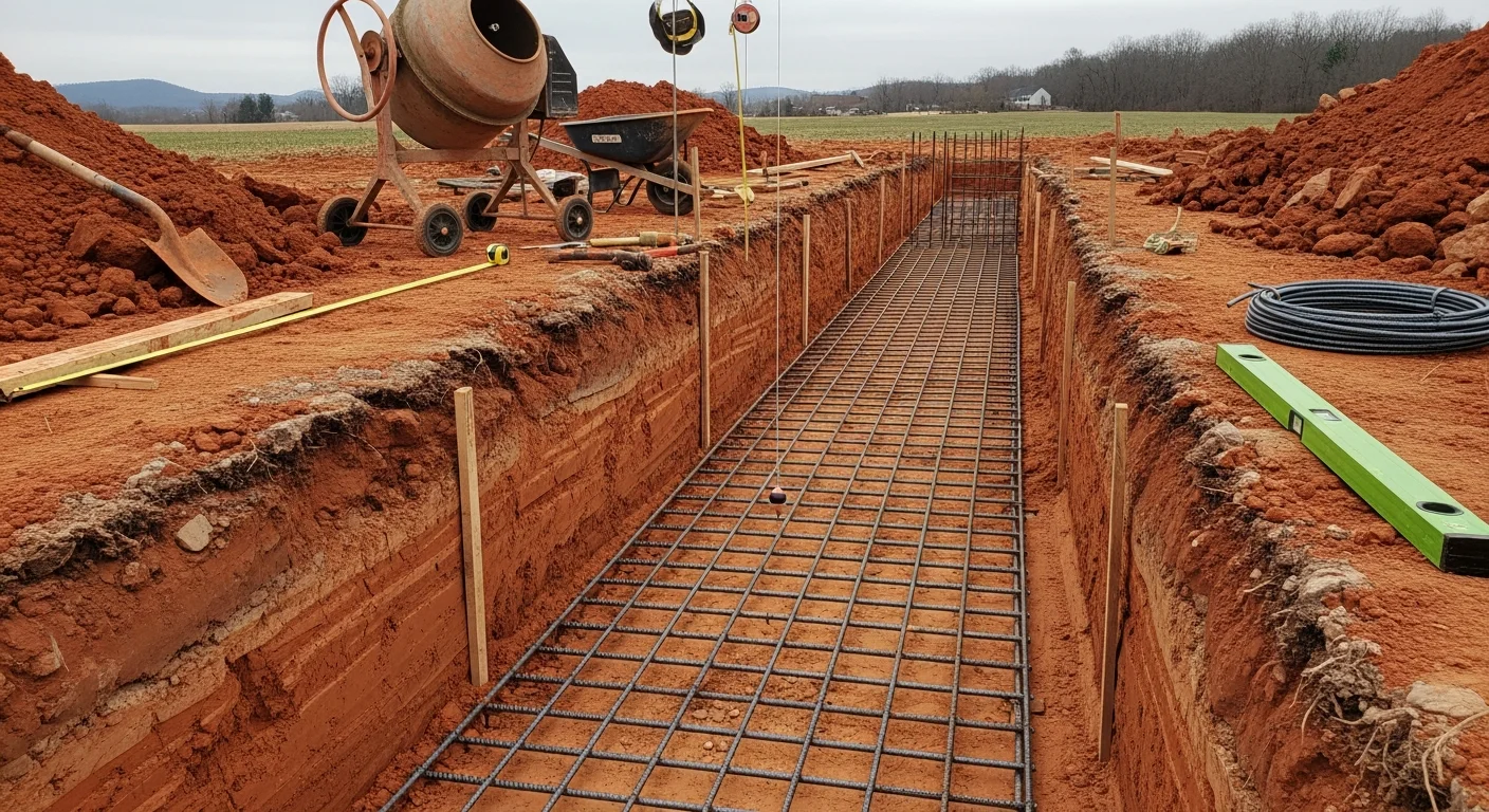 A freshly poured concrete footer trench with steel rebar in place at a residential construction site in Loudon, TN. The footer runs along the full perimeter of the building pad with compacted soil visible on both sides.