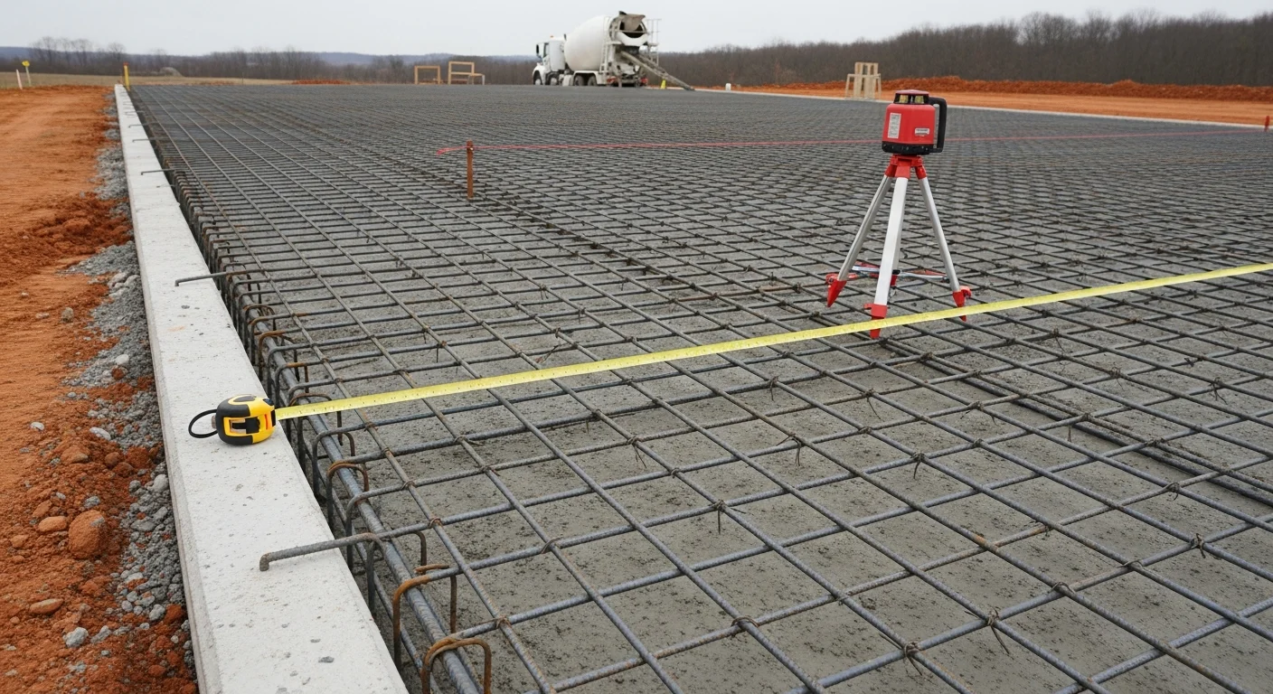 Reinforced industrial concrete slab and equipment pad at a manufacturing facility in Loudon, TN, showing a level, finished concrete surface built to support heavy operational loads. Foundation contractor work by Tri-Star Contracting of East Tennessee on a Loudon County industrial site.